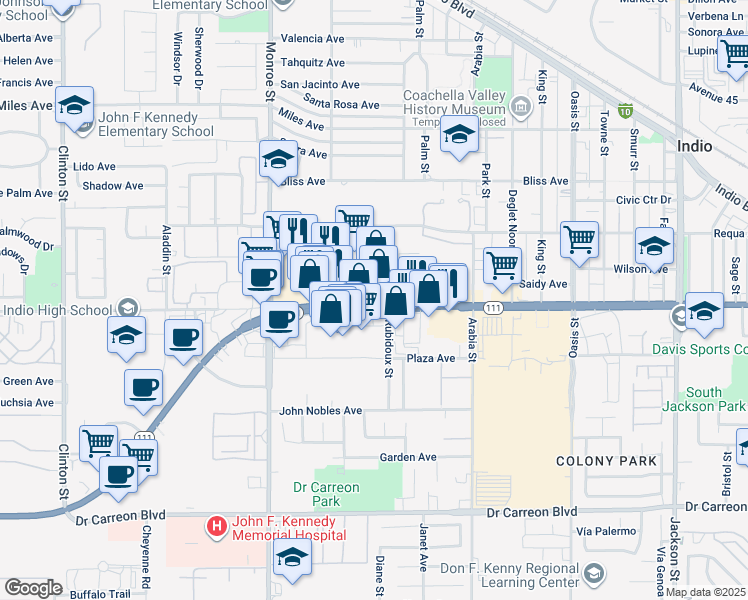 map of restaurants, bars, coffee shops, grocery stores, and more near 82 270 California 111 in Indio