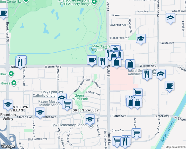 map of restaurants, bars, coffee shops, grocery stores, and more near 10900 Warner Avenue in Fountain Valley