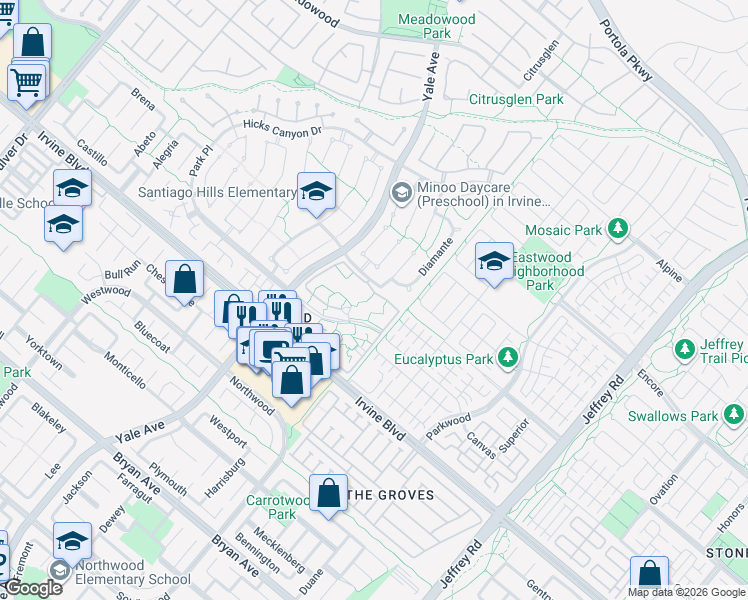 map of restaurants, bars, coffee shops, grocery stores, and more near 1 Prosa in Irvine