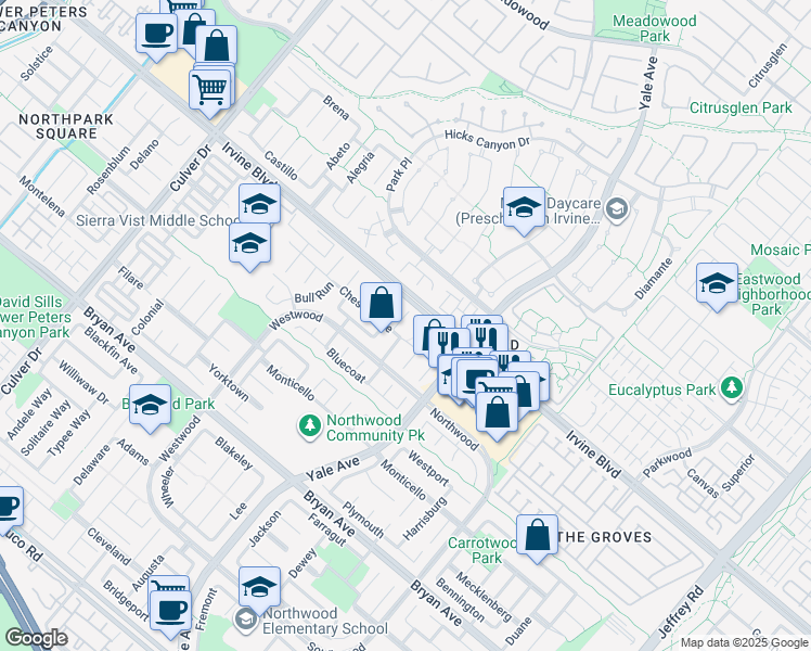 map of restaurants, bars, coffee shops, grocery stores, and more near 9 Charleston in Irvine