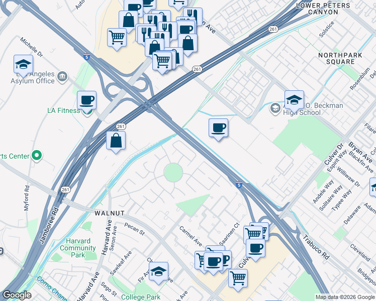 map of restaurants, bars, coffee shops, grocery stores, and more near 16 New Hampshire in Irvine