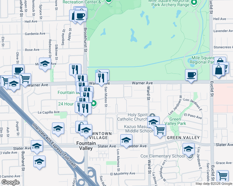 map of restaurants, bars, coffee shops, grocery stores, and more near 17055 San Bruno Street in Fountain Valley