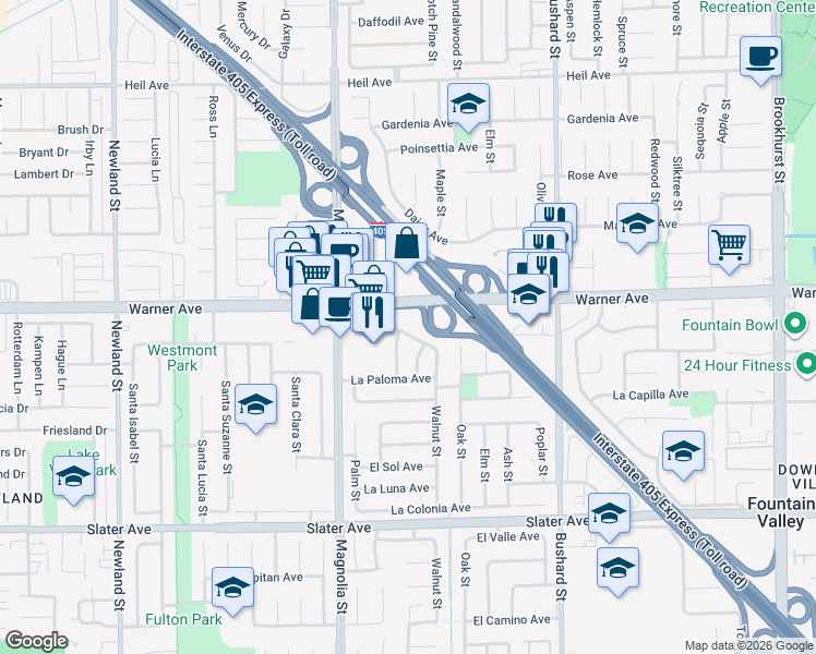 map of restaurants, bars, coffee shops, grocery stores, and more near 9145 El Cortez Avenue in Fountain Valley