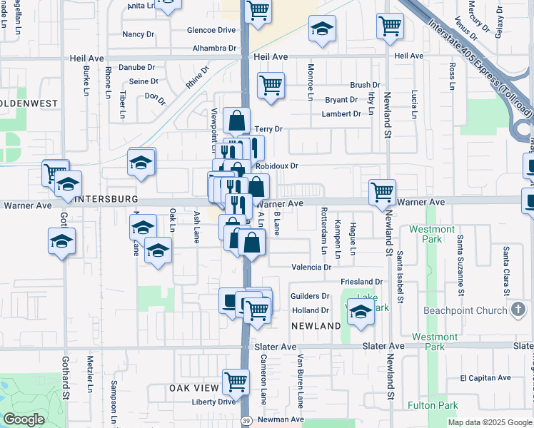 map of restaurants, bars, coffee shops, grocery stores, and more near 17001 A Lane in Huntington Beach