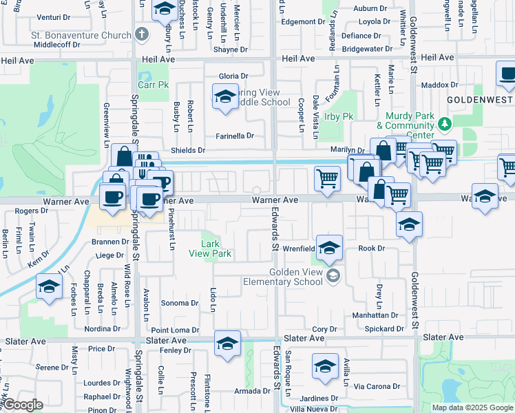map of restaurants, bars, coffee shops, grocery stores, and more near 6392 Warner Avenue in Huntington Beach