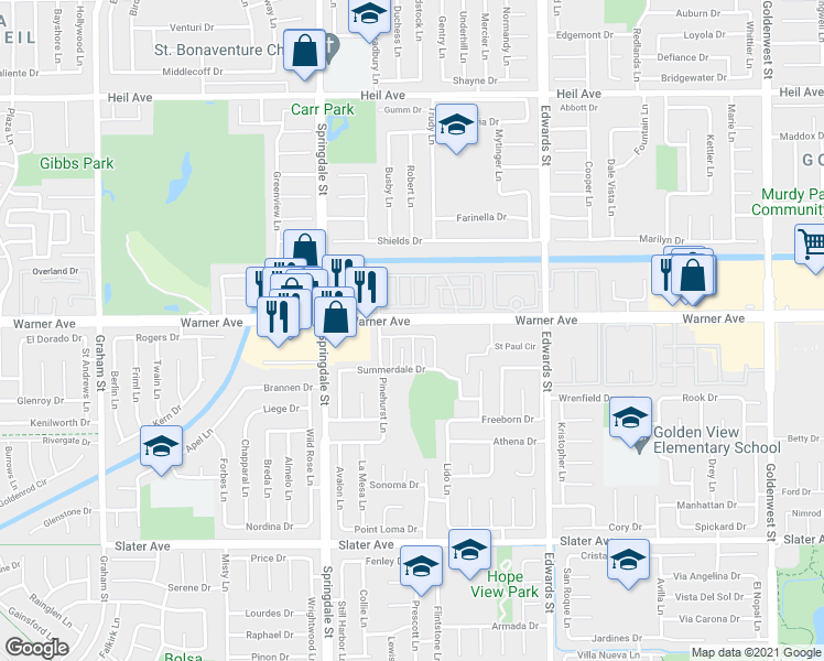 map of restaurants, bars, coffee shops, grocery stores, and more near in Huntington Beach