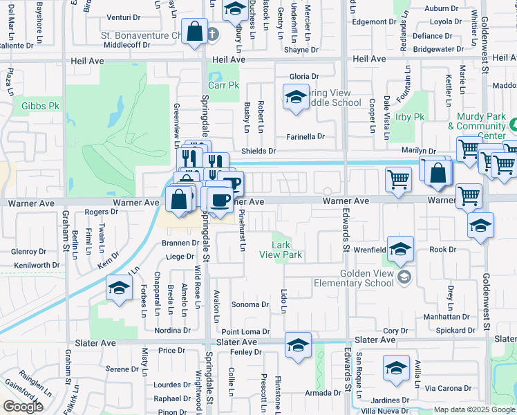map of restaurants, bars, coffee shops, grocery stores, and more near in Huntington Beach