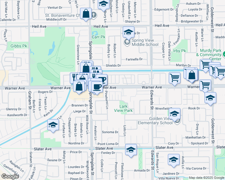 map of restaurants, bars, coffee shops, grocery stores, and more near in Huntington Beach