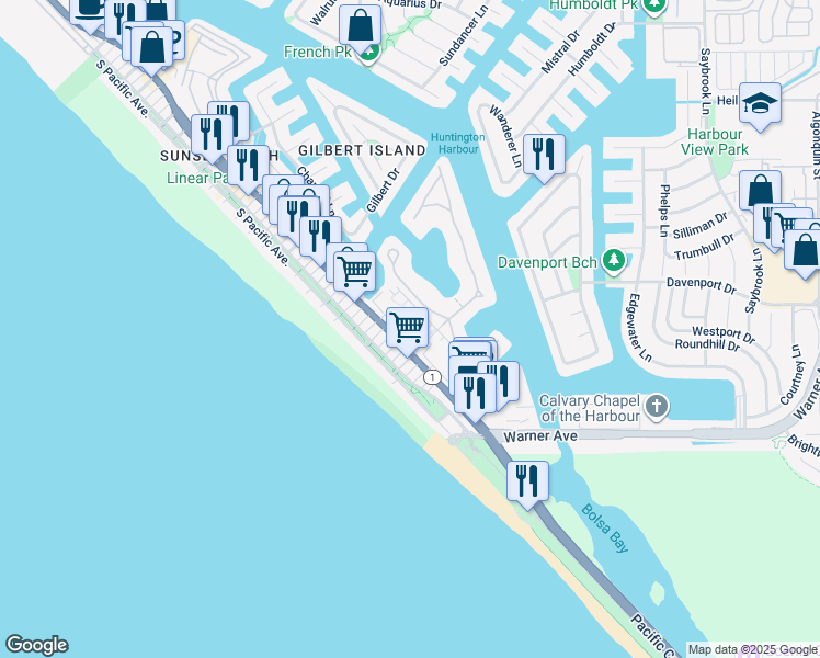 map of restaurants, bars, coffee shops, grocery stores, and more near 16932 Pacific Coast Highway in Huntington Beach