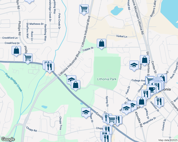 map of restaurants, bars, coffee shops, grocery stores, and more near 2727 Parkway Trail in Lithonia