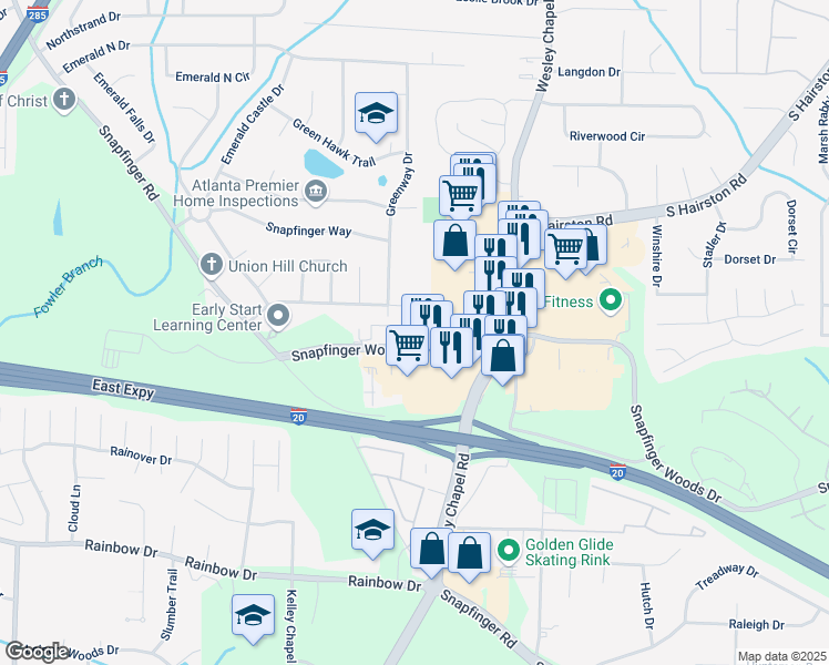 map of restaurants, bars, coffee shops, grocery stores, and more near 4178 Snapfinger Woods Drive in Decatur