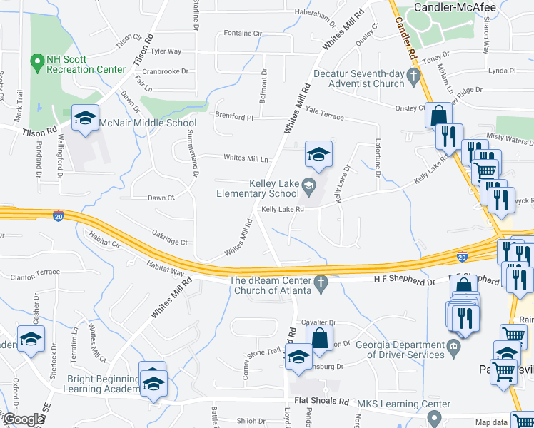 map of restaurants, bars, coffee shops, grocery stores, and more near 2543 Kelly Lake Road in Decatur