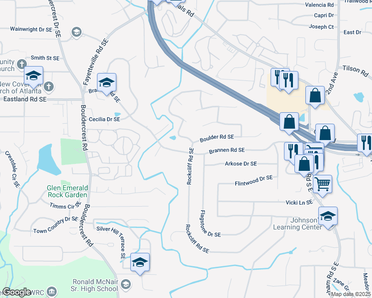 map of restaurants, bars, coffee shops, grocery stores, and more near 2070 Brannen Road Southeast in Atlanta