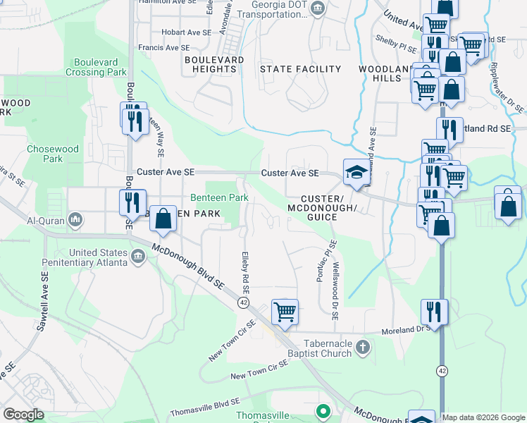 map of restaurants, bars, coffee shops, grocery stores, and more near 1336 Park Trace Southeast in Atlanta