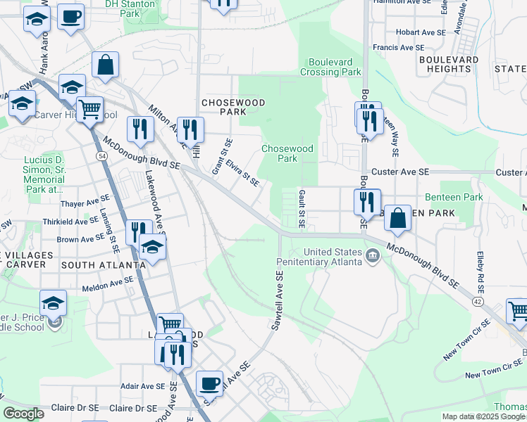 map of restaurants, bars, coffee shops, grocery stores, and more near 1426 Eric Street Southeast in Atlanta