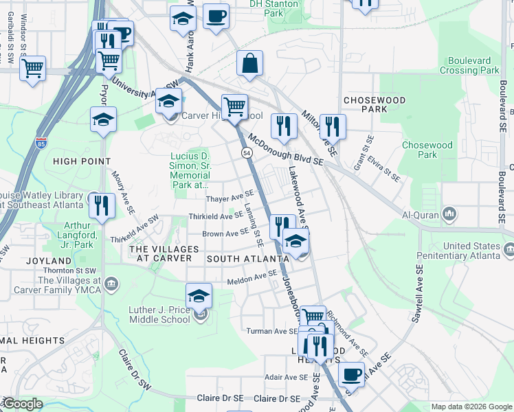 map of restaurants, bars, coffee shops, grocery stores, and more near 132 Thirkield Avenue Southeast in Atlanta