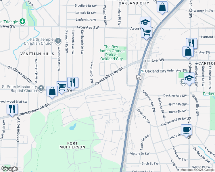 map of restaurants, bars, coffee shops, grocery stores, and more near 1449 Ryan Street Southwest in Atlanta