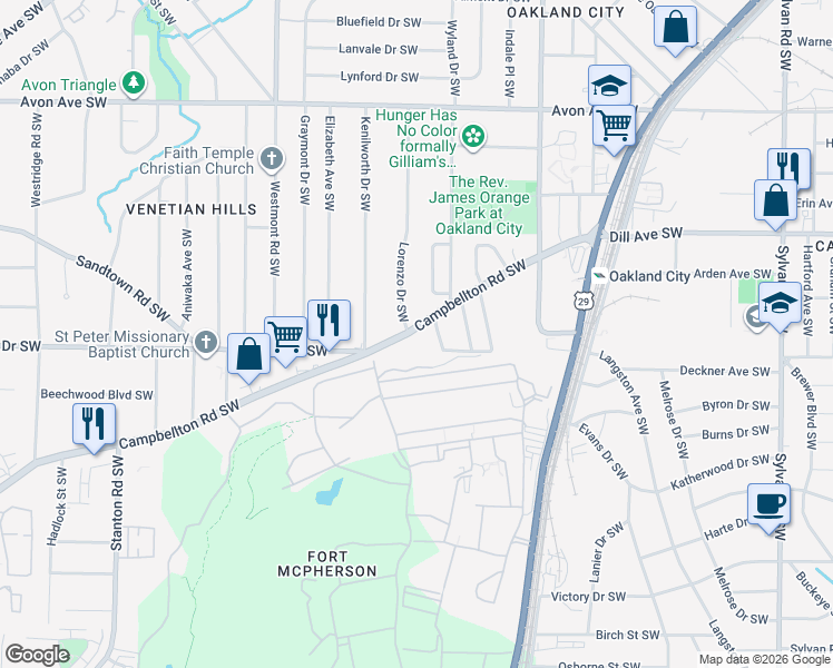 map of restaurants, bars, coffee shops, grocery stores, and more near 1339a Campbellton Road Southwest in Atlanta
