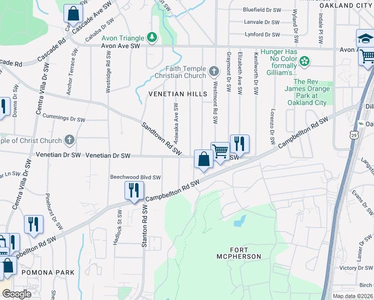 map of restaurants, bars, coffee shops, grocery stores, and more near 1460 Willow Trail Southwest in Atlanta