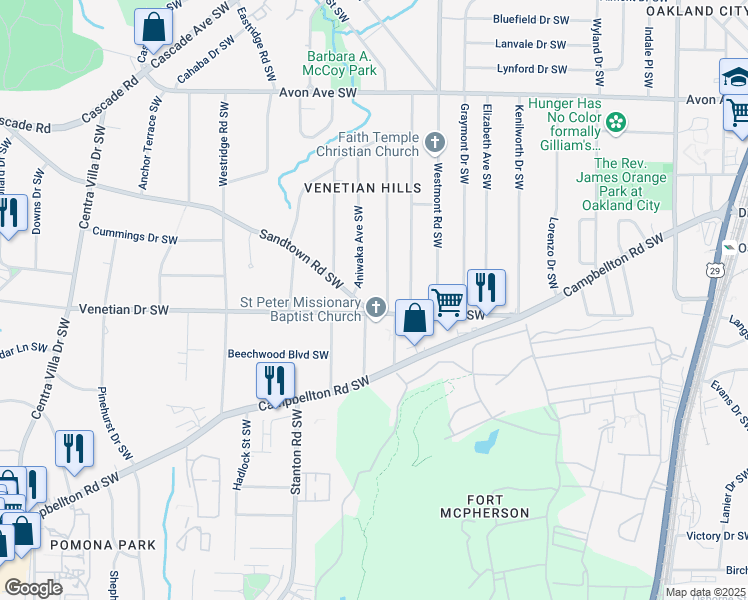 map of restaurants, bars, coffee shops, grocery stores, and more near 1605 Sandtown Road Southwest in Atlanta