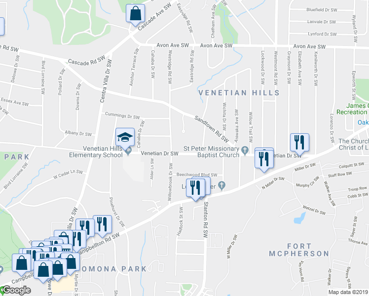map of restaurants, bars, coffee shops, grocery stores, and more near 1761 Venetian Drive Southwest in Atlanta