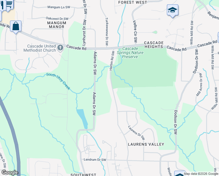 map of restaurants, bars, coffee shops, grocery stores, and more near 1475 Harbin Road Southwest in Atlanta