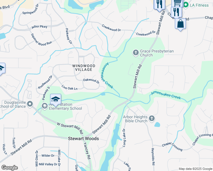 map of restaurants, bars, coffee shops, grocery stores, and more near 9916 Scarlet Oak Drive in Douglasville
