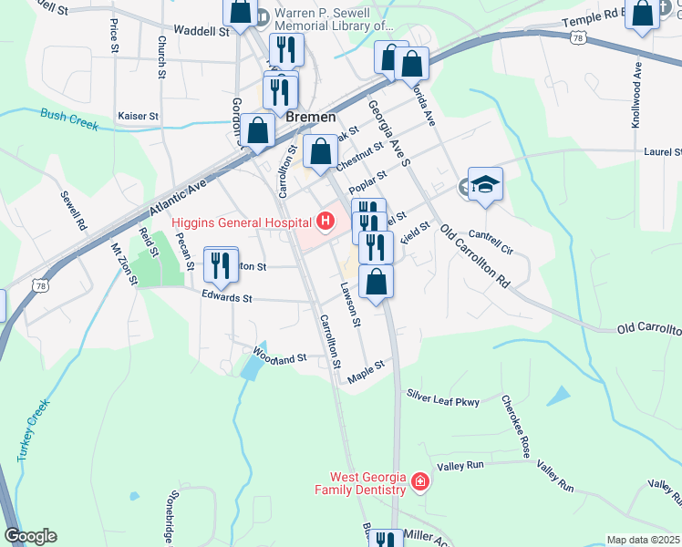 map of restaurants, bars, coffee shops, grocery stores, and more near 511 Lawson Street in Bremen