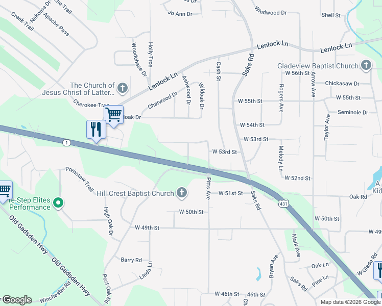 map of restaurants, bars, coffee shops, grocery stores, and more near 5213 Toney Street in Anniston