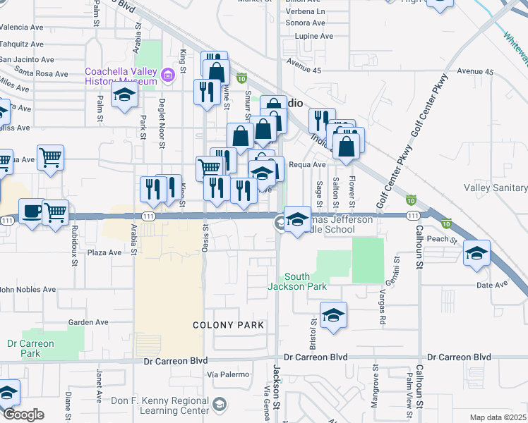 map of restaurants, bars, coffee shops, grocery stores, and more near in Indio