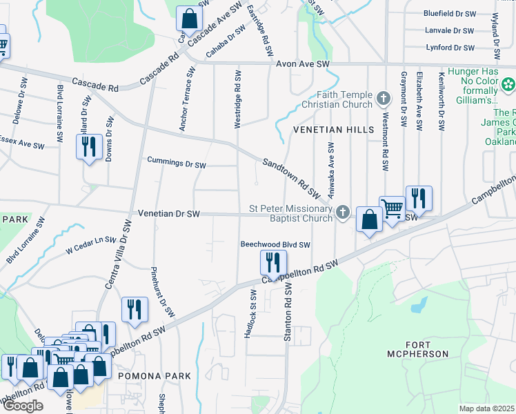 map of restaurants, bars, coffee shops, grocery stores, and more near 1761 Venetian Drive Southwest in Atlanta