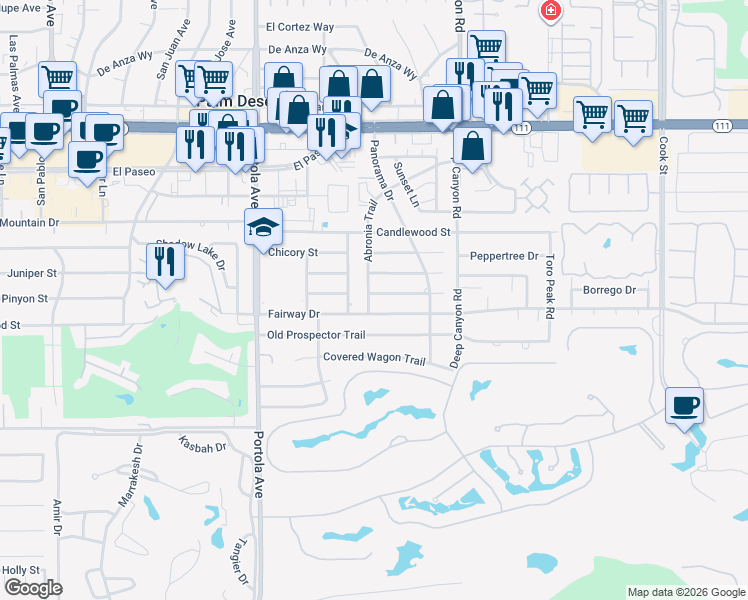 map of restaurants, bars, coffee shops, grocery stores, and more near 74300 Peppergrass Street in Palm Desert