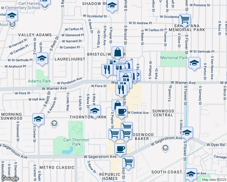 map of restaurants, bars, coffee shops, grocery stores, and more near 2401 South Poplar Street in Santa Ana