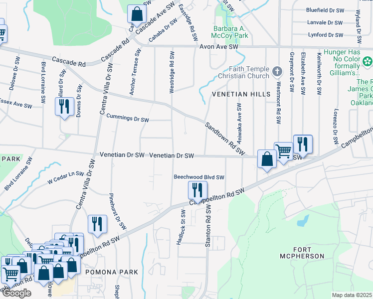 map of restaurants, bars, coffee shops, grocery stores, and more near 1761 Venetian Drive Southwest in Atlanta