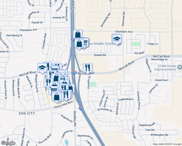 map of restaurants, bars, coffee shops, grocery stores, and more near McCall Blvd & Encanto Dr in Menifee