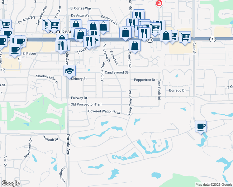 map of restaurants, bars, coffee shops, grocery stores, and more near 74387 Peppergrass Street in Palm Desert