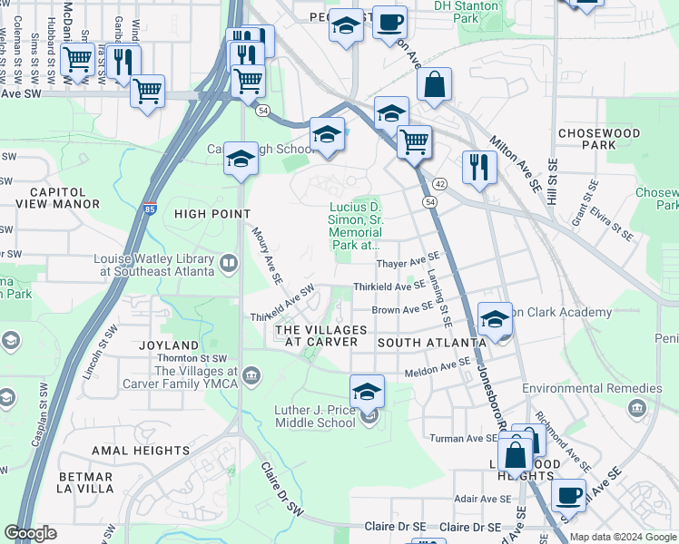 map of restaurants, bars, coffee shops, grocery stores, and more near 21 Thirkeld Avenue Southwest in Atlanta