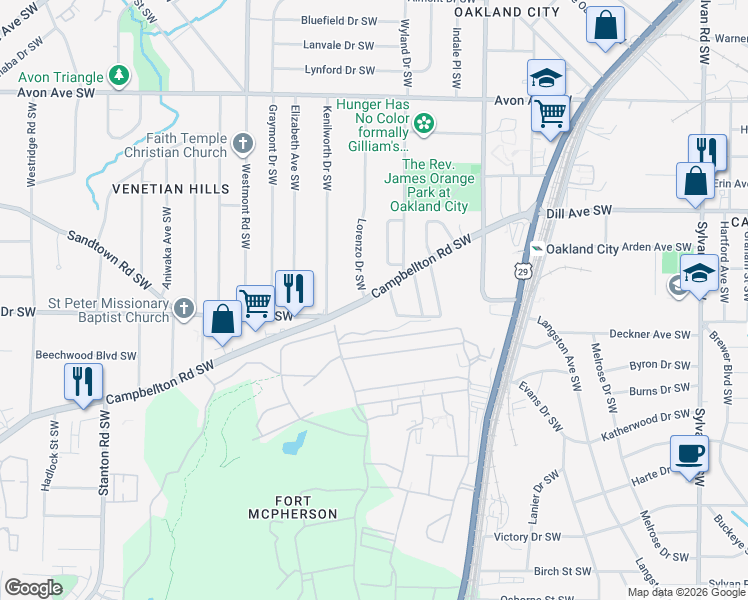 map of restaurants, bars, coffee shops, grocery stores, and more near 1339a Campbellton Road Southwest in Atlanta