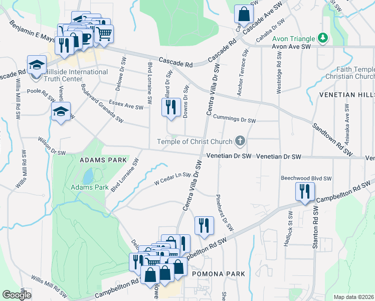 map of restaurants, bars, coffee shops, grocery stores, and more near 2025 Venetian Drive Southwest in Atlanta