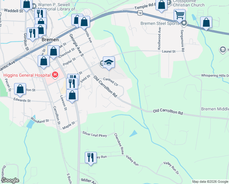 map of restaurants, bars, coffee shops, grocery stores, and more near 618 Georgia Avenue South in Bremen