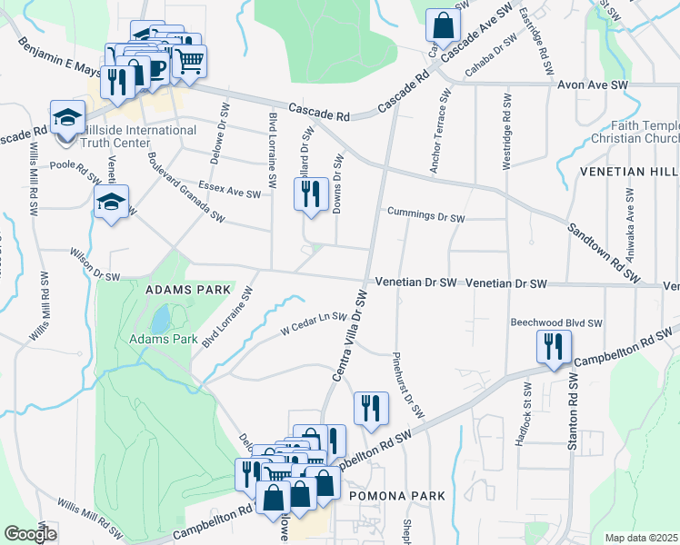 map of restaurants, bars, coffee shops, grocery stores, and more near 2025 Venetian Drive Southwest in Atlanta