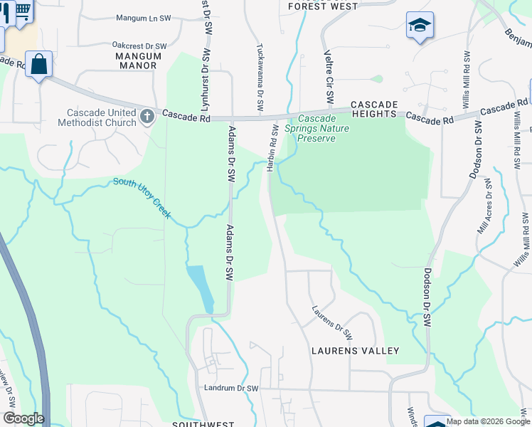 map of restaurants, bars, coffee shops, grocery stores, and more near 1475 Harbin Road Southwest in Atlanta