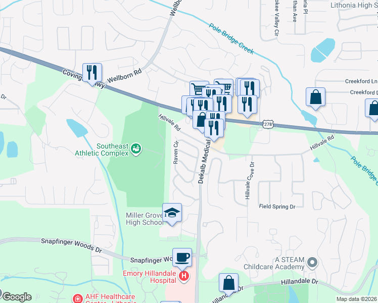 map of restaurants, bars, coffee shops, grocery stores, and more near 2398 Raven Circle in Lithonia