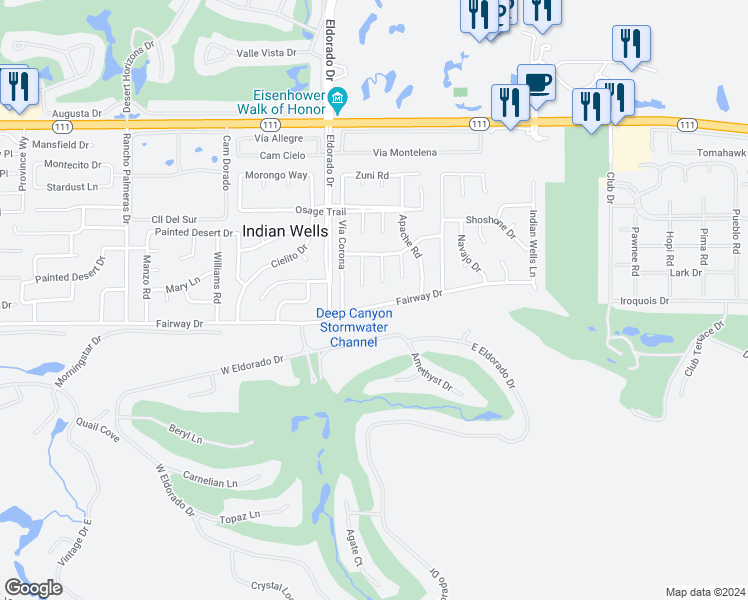 map of restaurants, bars, coffee shops, grocery stores, and more near 76140 Fairway Drive in Indian Wells