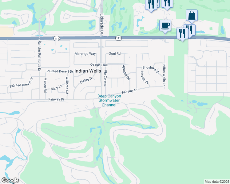 map of restaurants, bars, coffee shops, grocery stores, and more near 76140 Fairway Drive in Indian Wells