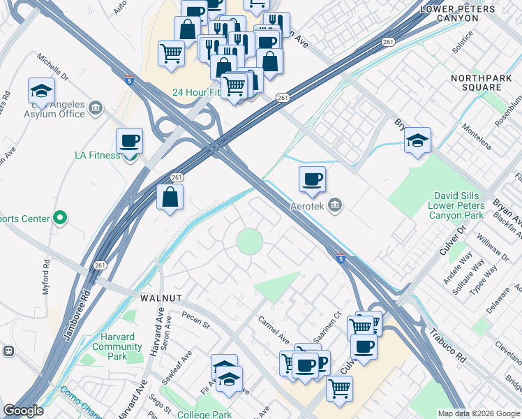 map of restaurants, bars, coffee shops, grocery stores, and more near 16 New Hampshire in Irvine