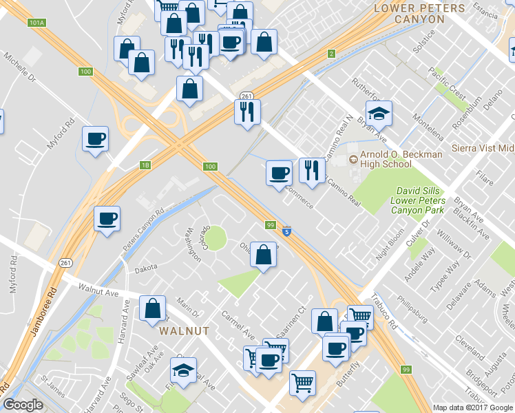map of restaurants, bars, coffee shops, grocery stores, and more near El Camino Real in Irvine