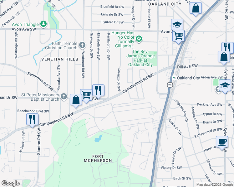 map of restaurants, bars, coffee shops, grocery stores, and more near 1437 Lorenzo Drive Southwest in Atlanta