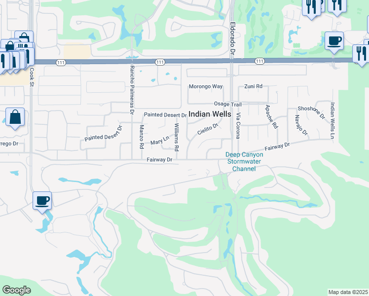 map of restaurants, bars, coffee shops, grocery stores, and more near 45755 Cielito Drive in Indian Wells