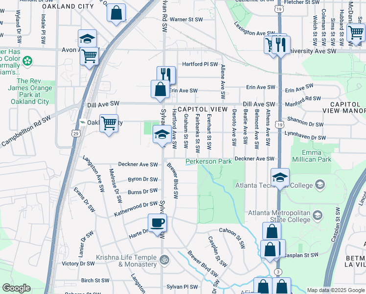 map of restaurants, bars, coffee shops, grocery stores, and more near 1440 Hartford Avenue Southwest in Atlanta